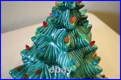 Vintage Holland Mold Green Ceramic Christmas Tree With Base & Multi-Colored Lights