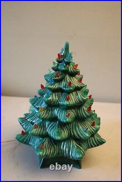 Vintage Holland Mold Green Ceramic Christmas Tree With Base & Multi-Colored Lights