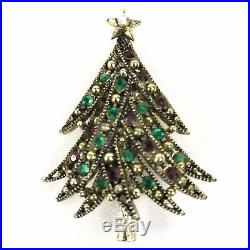 Vintage Hollycraft Goldtone Red Green Rhinestone Christmas Tree Brooch Pin RARE