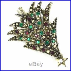 Vintage Hollycraft Goldtone Red Green Rhinestone Christmas Tree Brooch Pin RARE