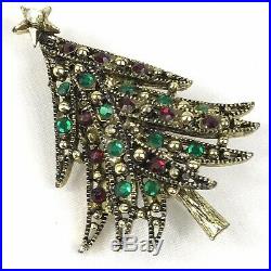 Vintage Hollycraft Goldtone Red Green Rhinestone Christmas Tree Brooch Pin RARE