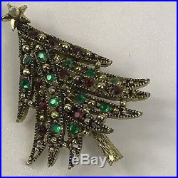 Vintage Hollycraft Goldtone Red Green Rhinestone Christmas Tree Brooch Pin RARE