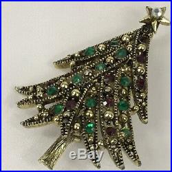 Vintage Hollycraft Goldtone Red Green Rhinestone Christmas Tree Brooch Pin RARE