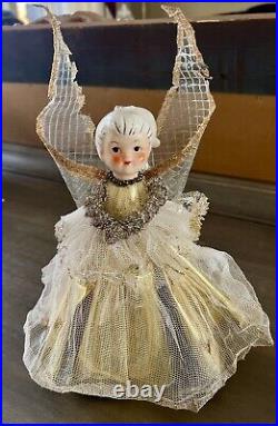 Vintage Holt Howard Foil Tulle Gold Angel Christmas Tree Topper Figurine 12.5