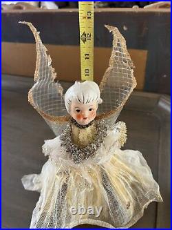 Vintage Holt Howard Foil Tulle Gold Angel Christmas Tree Topper Figurine 12.5