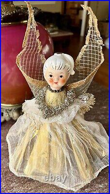 Vintage Holt Howard Foil Tulle Gold Angel Christmas Tree Topper Figurine 12.5