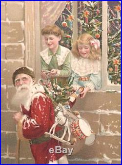Vintage Htl Christmas Postcard Santa Claus Children Window Tree Sack Toys