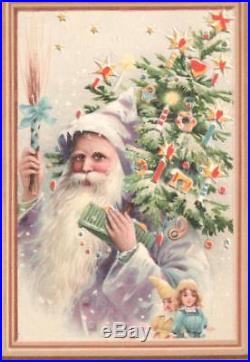 Vintage Htl Christmas Postcard Santa Claus Purple Coat/hood Tree Switches Dolls