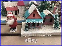 Vintage Huge Bottle Brush Christmas Village Putz Mica Houses Trees Snowmen Santa