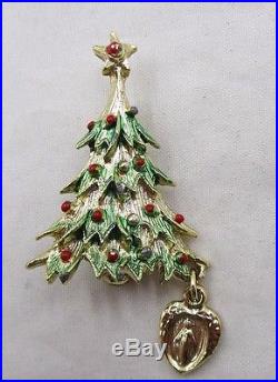 Vintage Immaculate Conception Green & Red Gold Toned Christmas Tree Brooch