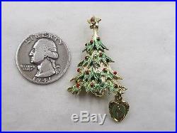 Vintage Immaculate Conception Green & Red Gold Toned Christmas Tree Brooch