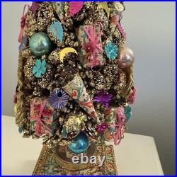 Vintage Italian Florentine Paper Bottle Brush Christmas Tree Glass Ornaments