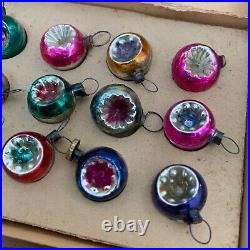 Vintage Japan Blown Glass MINI Feather Tree Christmas Indent Ball Ornament 33pcs