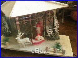 Vintage Japan Putz Christmas Glass House Lighted Tree Santas Mica Mirrored Back