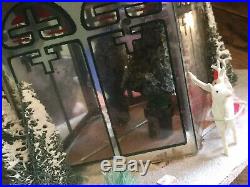 Vintage Japan Putz Christmas Glass House Lighted Tree Santas Mica Mirrored Back