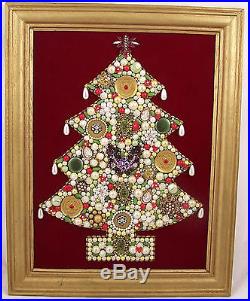 Vintage Jeweled Christmas Tree Picture Framed Rhinestones Beads Faux Pearls