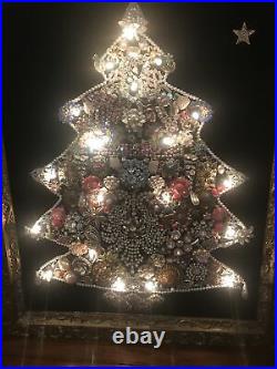 Vintage Jeweled Christmas Tree Wall Decor Lighted Costume Jewelry Bling Framed