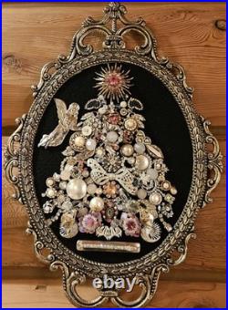 Vintage Jewelry Art CHRISTMAS TREE. 12x 17 1/4 Oval Metal Frame
