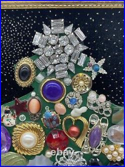 Vintage Jewelry Art Christmas Tree Brooches Earrings Stones Wall Hanging Framed