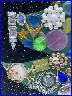 Vintage Jewelry Art Christmas Tree Brooches Earrings Stones Wall Hanging Framed