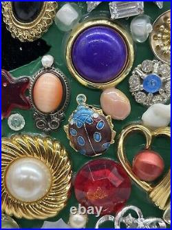 Vintage Jewelry Art Christmas Tree Brooches Earrings Stones Wall Hanging Framed