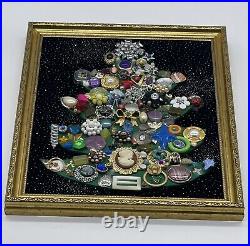 Vintage Jewelry Art Christmas Tree Brooches Earrings Stones Wall Hanging Framed