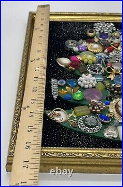 Vintage Jewelry Art Christmas Tree Brooches Earrings Stones Wall Hanging Framed