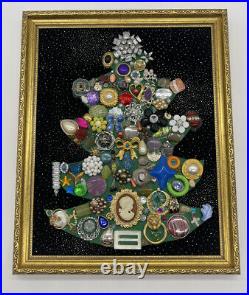 Vintage Jewelry Art Christmas Tree Brooches Earrings Stones Wall Hanging Framed