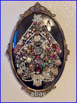 Vintage Jewelry Art Christmas Tree In Antique Metal Frame WithOriginal Glass