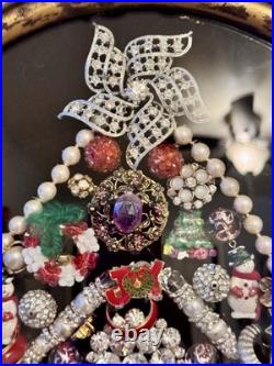 Vintage Jewelry Art Christmas Tree In Antique Metal Frame WithOriginal Glass