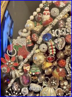 Vintage Jewelry Art Christmas Tree In Antique Metal Frame WithOriginal Glass