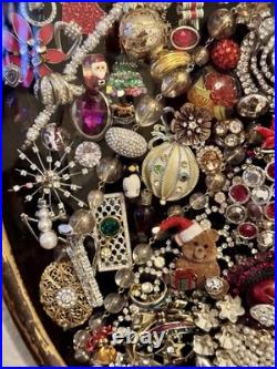 Vintage Jewelry Art Christmas Tree In Antique Metal Frame WithOriginal Glass