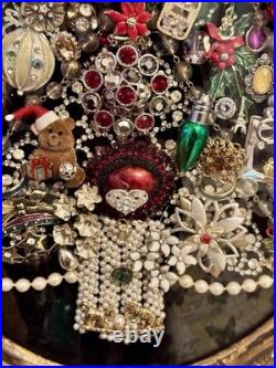 Vintage Jewelry Art Christmas Tree In Antique Metal Frame WithOriginal Glass