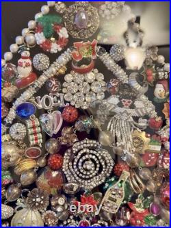 Vintage Jewelry Art Christmas Tree In Antique Metal Frame WithOriginal Glass