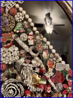 Vintage Jewelry Art Christmas Tree In Antique Metal Frame WithOriginal Glass