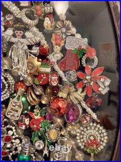 Vintage Jewelry Art Christmas Tree In Antique Metal Frame WithOriginal Glass