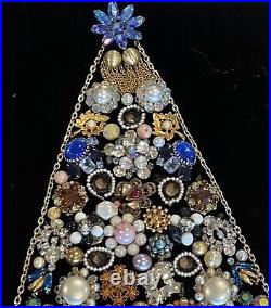 Vintage Jewelry Art Christmas Tree On Black Velvet 16 X 12 Excellent