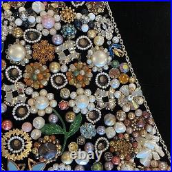 Vintage Jewelry Art Christmas Tree On Black Velvet 16 X 12 Excellent