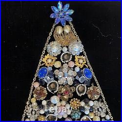 Vintage Jewelry Art Christmas Tree On Black Velvet 16 X 12 Excellent