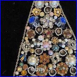 Vintage Jewelry Art Christmas Tree On Black Velvet 16 X 12 Excellent