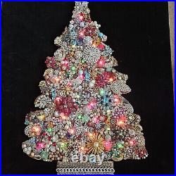 Vintage Jewelry Art Christmas Tree On Black Velvet Lights Up 24x19 3/4 Beautiful