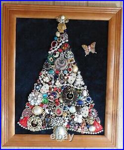 Vintage Jewelry Art, Christmas Tree, signed and framed