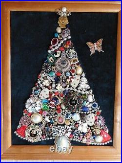 Vintage Jewelry Art, Christmas Tree, signed and framed