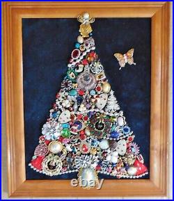 Vintage Jewelry Art, Christmas Tree, signed and framed