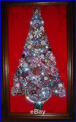 Vintage Jewelry Art Christmas Tree, signed, & framed