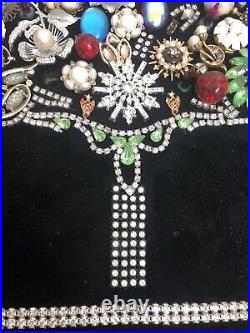 Vintage Jewelry Art Jeweled Christmas Tree Black Velvet 18 X 24 One of a Kind