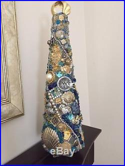 Vintage Jewelry Christmas Tree, BluesAqua Rhinestones, Beads, 14High