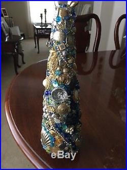 Vintage Jewelry Christmas Tree, BluesAqua Rhinestones, Beads, 14High