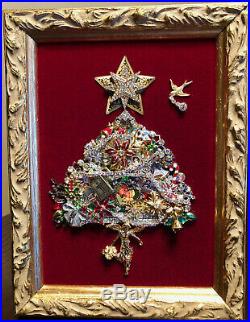 Vintage Jewelry Christmas Tree Rhinestone Framed Art Angel Star Bird Bible Star