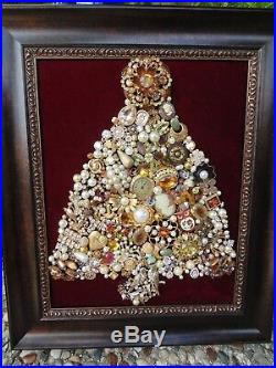 Vintage Jewelry Framed CHRISTMAS TREE Birds & FlowersCameoWatchOwlDragonfly